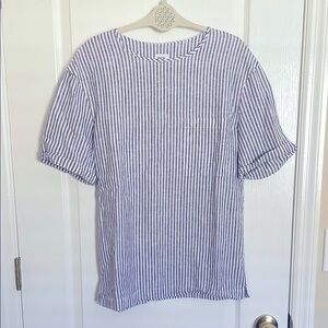 Zara Blue and White Linen Blend Short Sleeve Tee with Boxy Fit